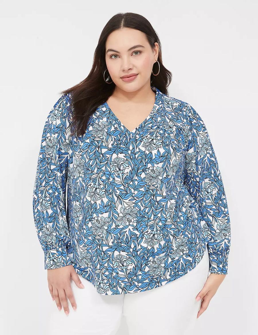 Women Lane Bryant Long-Sleeve V-Neck Blouse Blue | ZCO6157OA