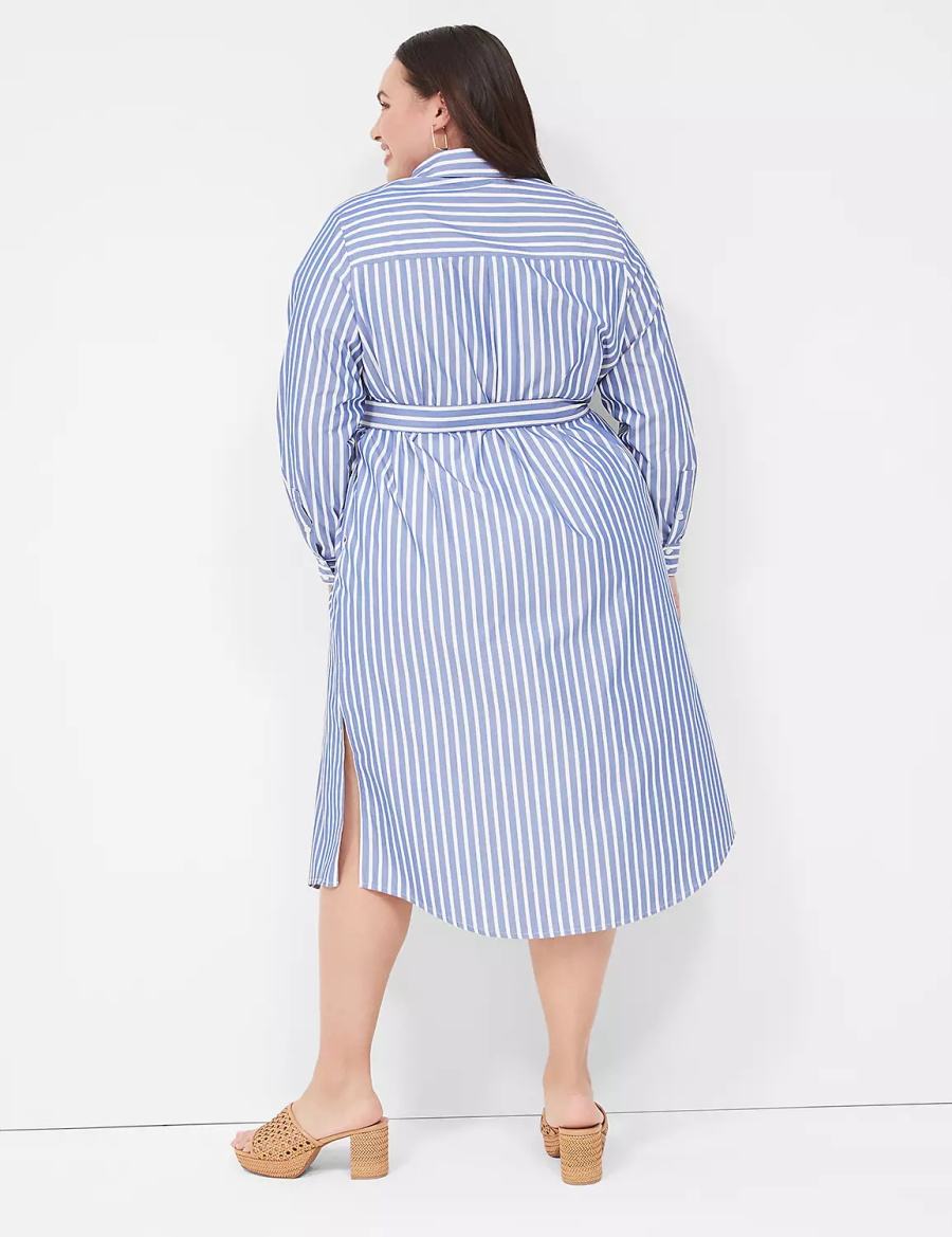 Women Lane Bryant Long-Sleeveed Midi Shirt Dress Blue Stripes | JTL782IK