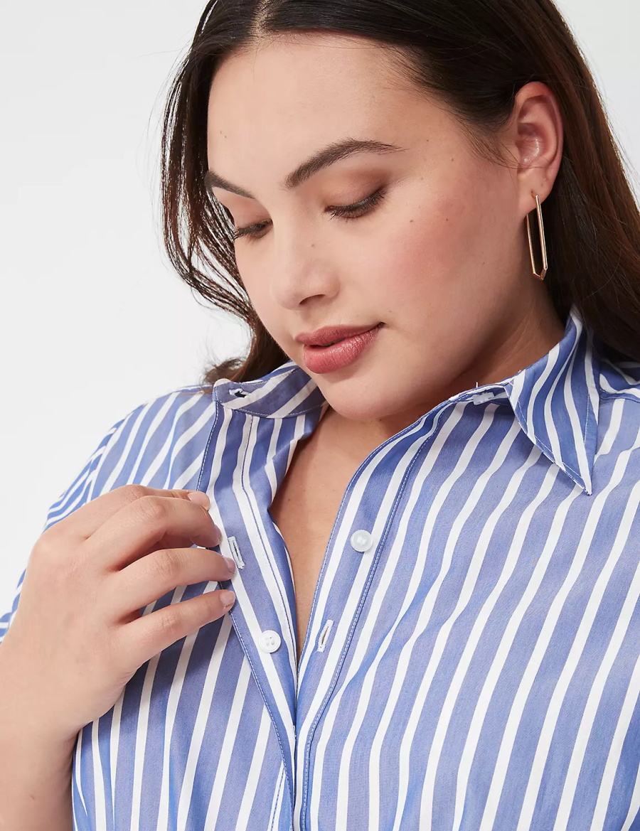 Women Lane Bryant Long-Sleeveed Midi Shirt Dress Blue Stripes | JTL782IK
