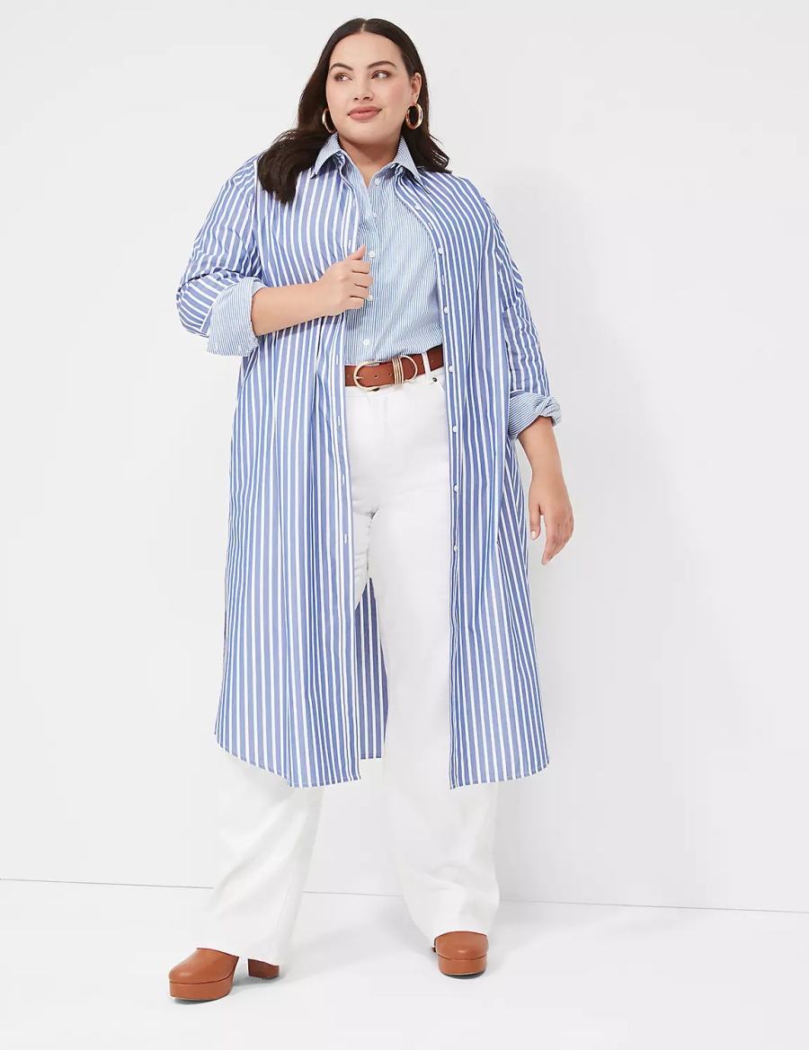 Women Lane Bryant Long-Sleeveed Midi Shirt Dress Blue Stripes | JTL782IK