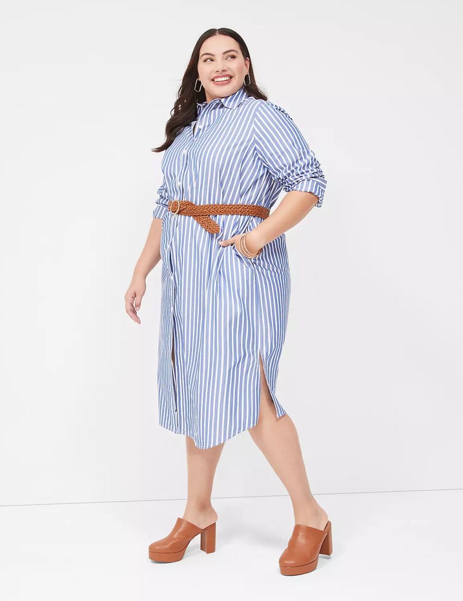 Women Lane Bryant Long-Sleeveed Midi Shirt Dress Blue Stripes | JTL782IK