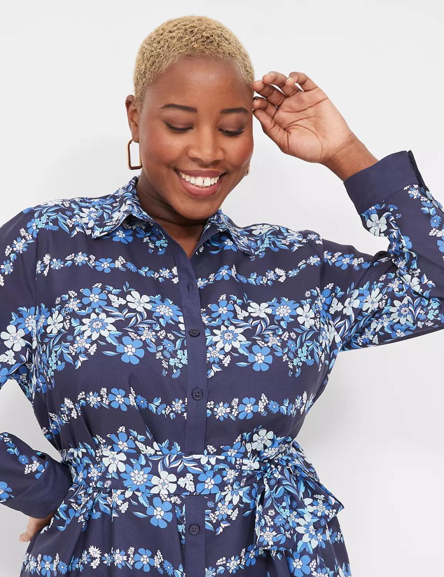 Women Lane Bryant Long-Sleeveed Midi Shirt Dress Dark Blue | EYS8047UU