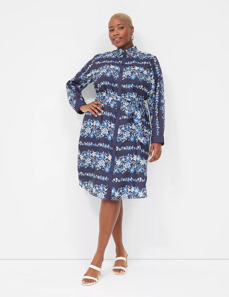 Women Lane Bryant Long-Sleeveed Midi Shirt Dress Dark Blue | EYS8047UU