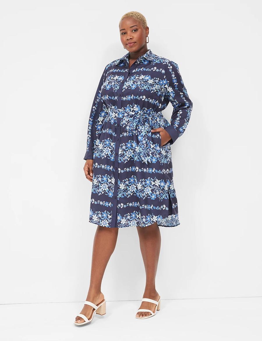 Women Lane Bryant Long-Sleeveed Midi Shirt Dress Dark Blue | EYS8047UU