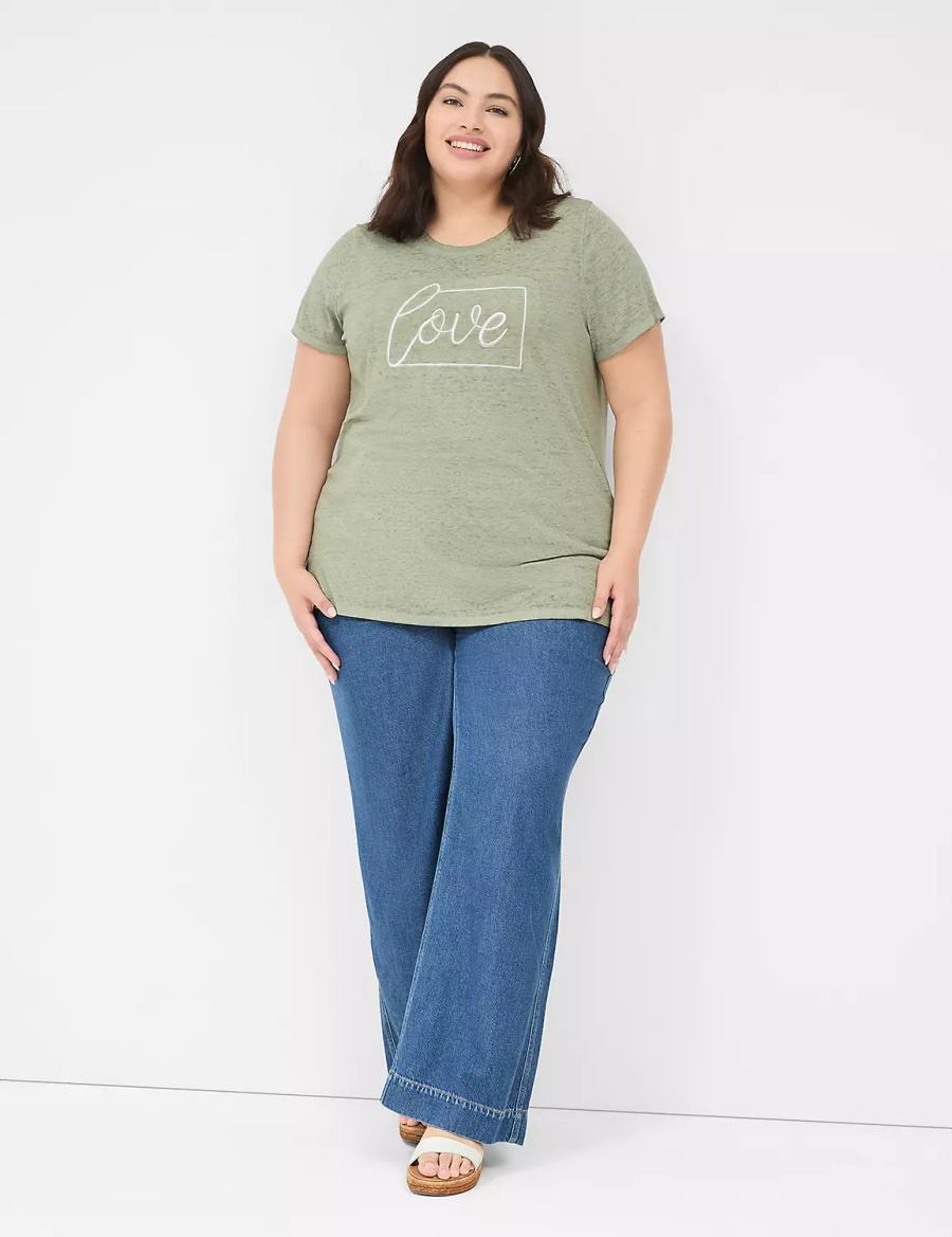Women Lane Bryant Love Graphic Tee T Shirts Olive Green | VIT255IK