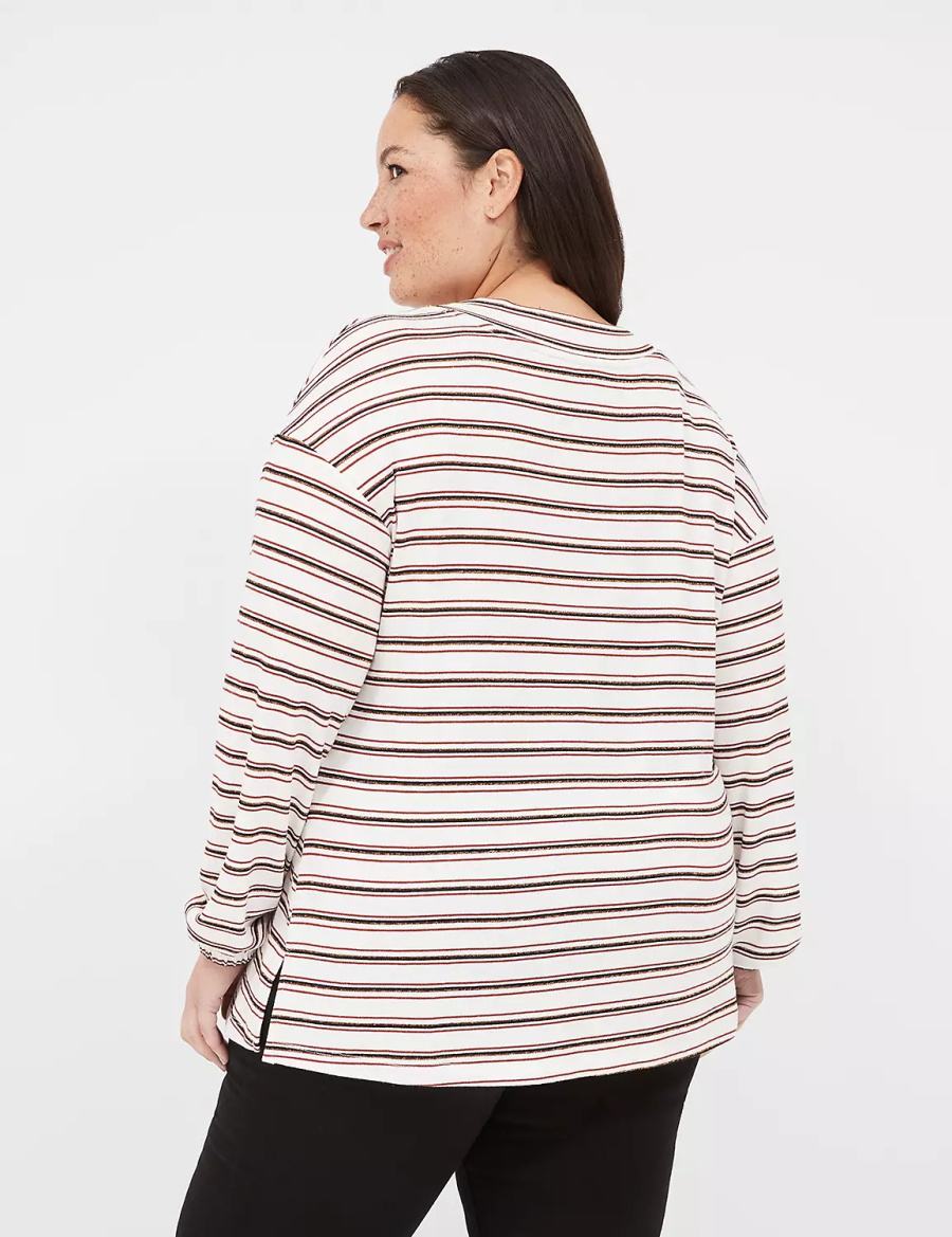 Women Lane Bryant Lurex Blouson-Sleeve V-Neck Tunic T Shirts White Black Stripes | GCJ1344VI