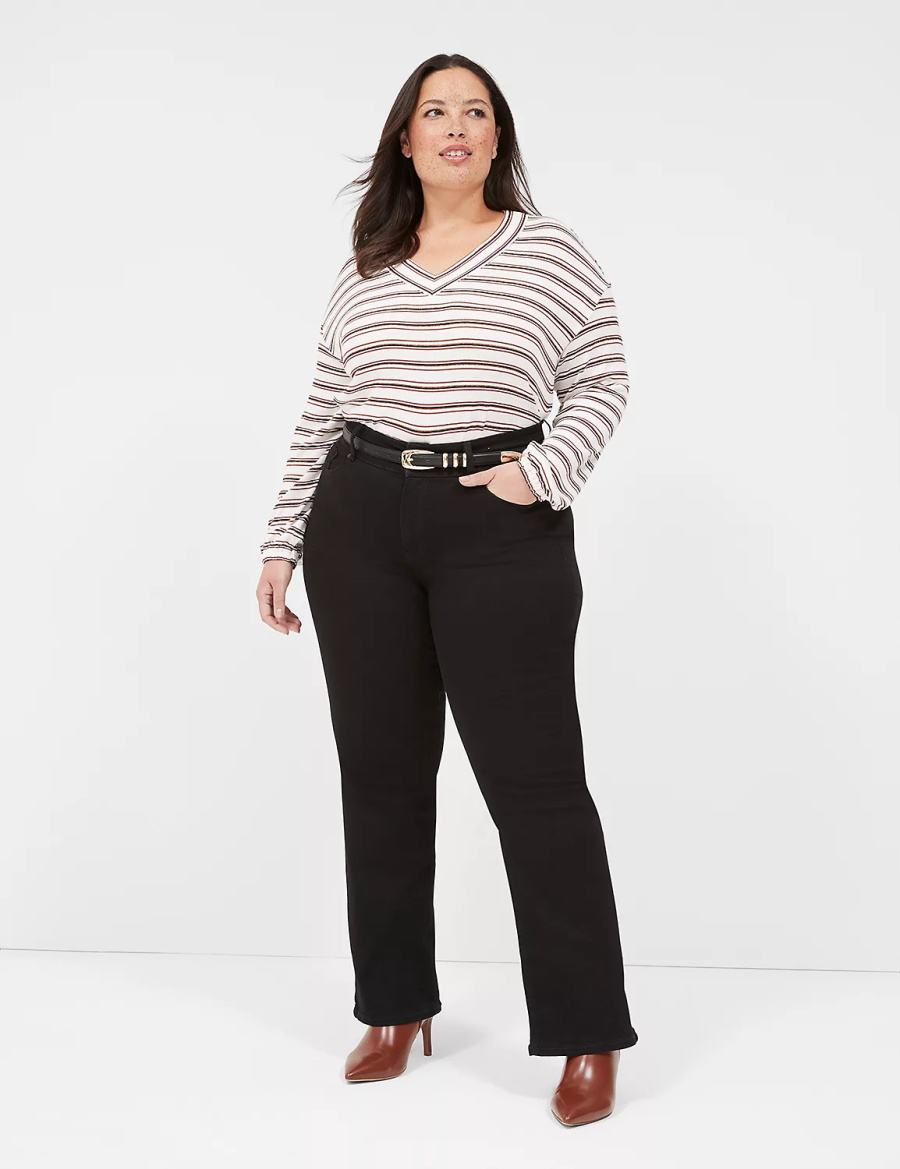 Women Lane Bryant Lurex Blouson-Sleeve V-Neck Tunic T Shirts White Black Stripes | GCJ1344VI