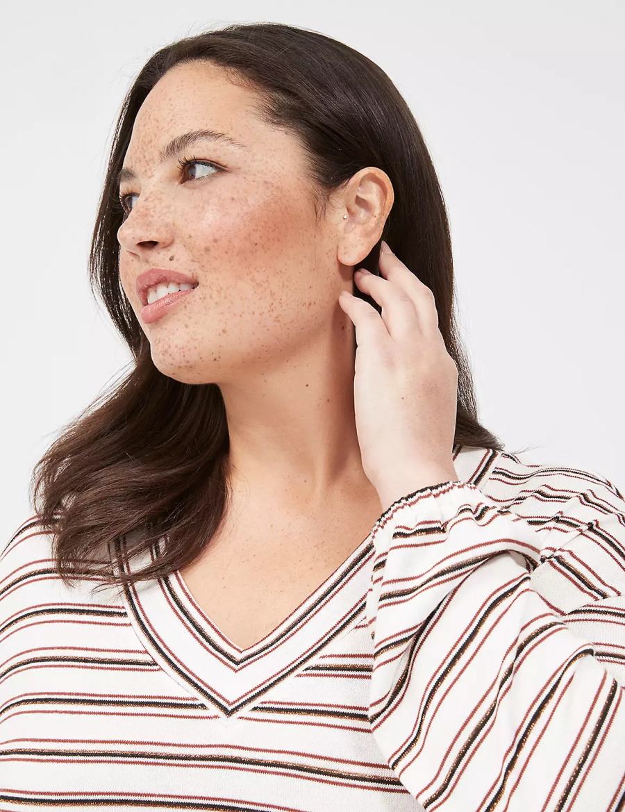 Women Lane Bryant Lurex Blouson-Sleeve V-Neck Tunic T Shirts White Black Stripes | GCJ1344VI