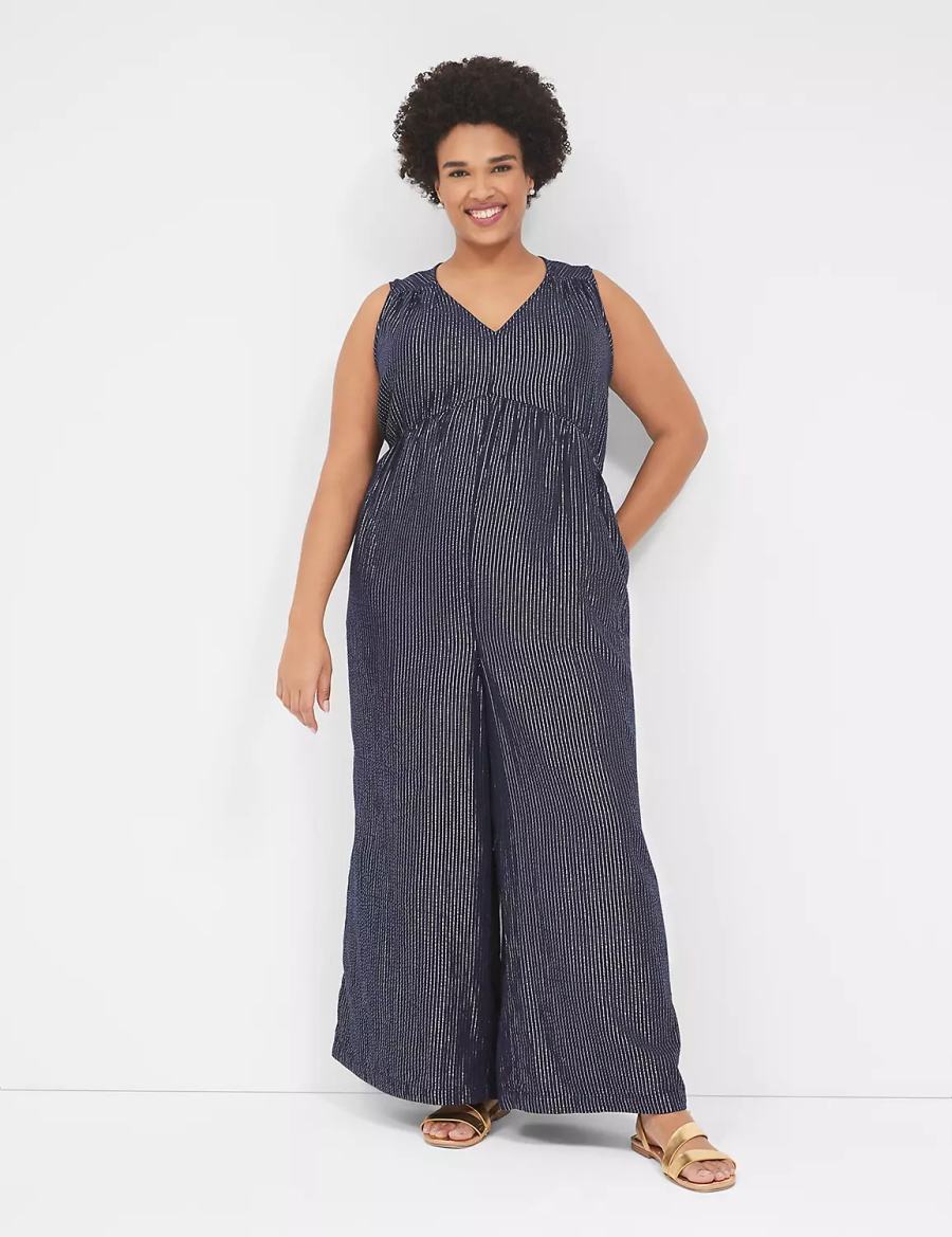 Women Lane Bryant Lurex Gauze Easy Jumpsuit Blue | DCN4014YR