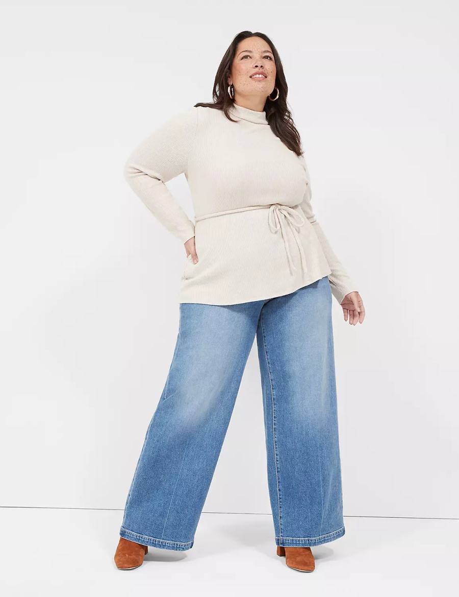 Women Lane Bryant Lurex Mock-Neck Tie-Waist Top Sweaters Beige | RXW2022MU