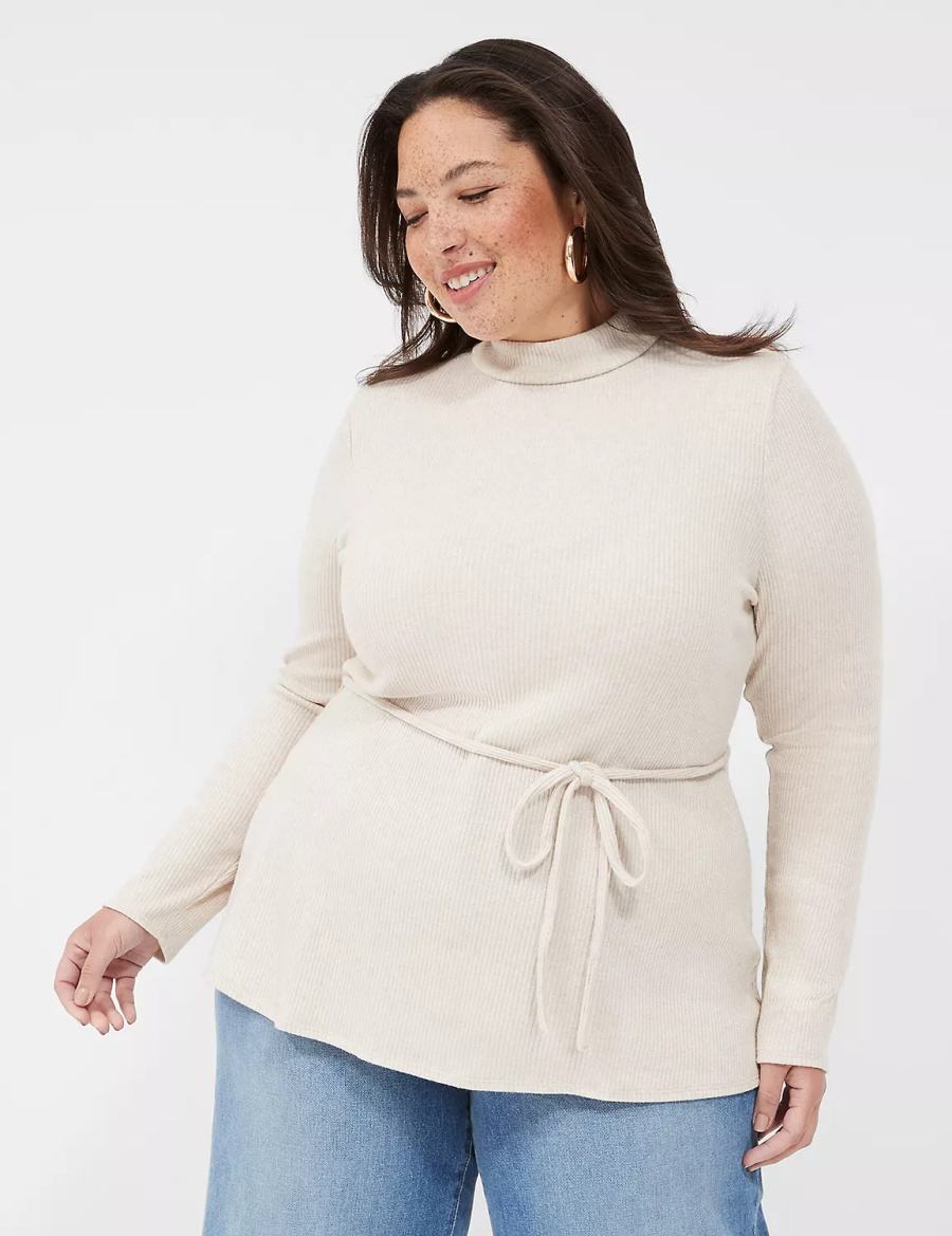 Women Lane Bryant Lurex Mock-Neck Tie-Waist Top Sweaters Beige | RXW2022MU