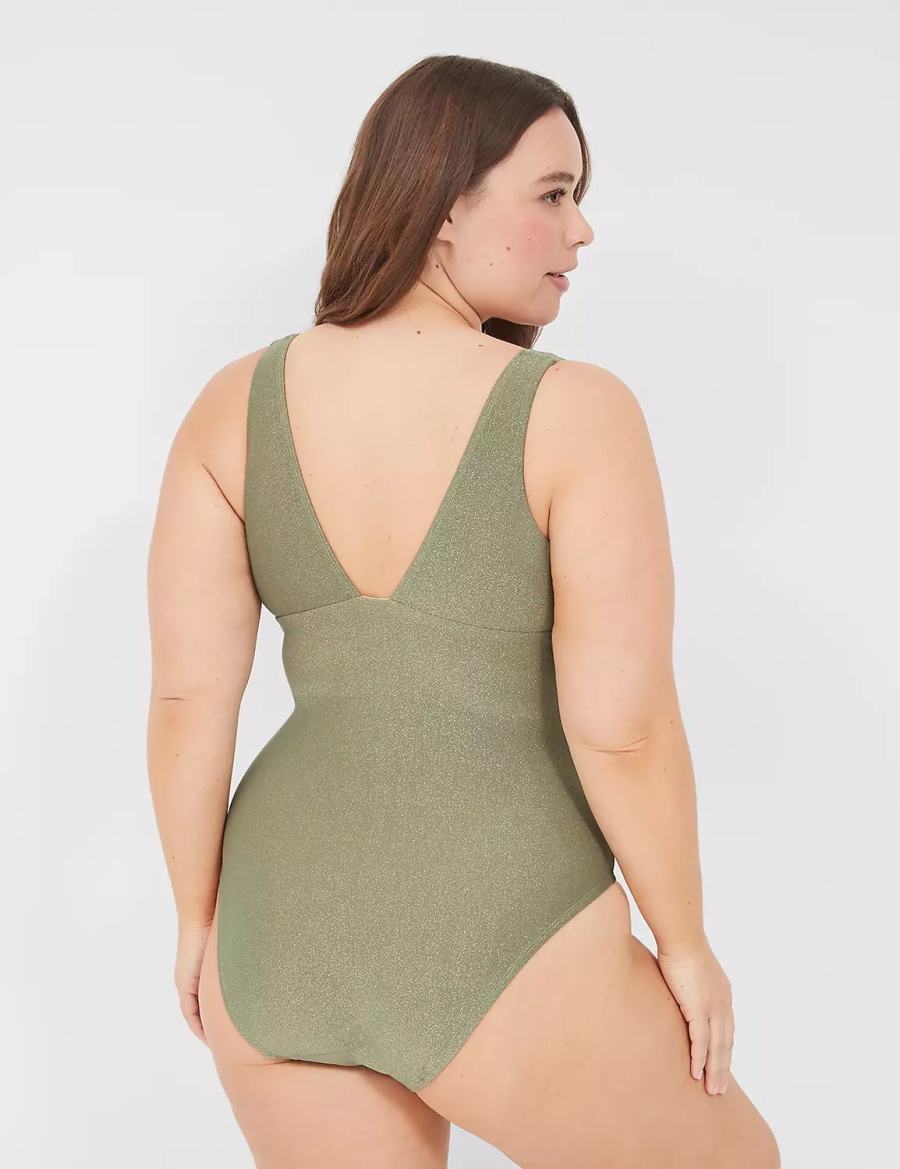 Women Lane Bryant Lurex No-Wire Plunge One-Piece Swimsuits Green | OYP3676HX