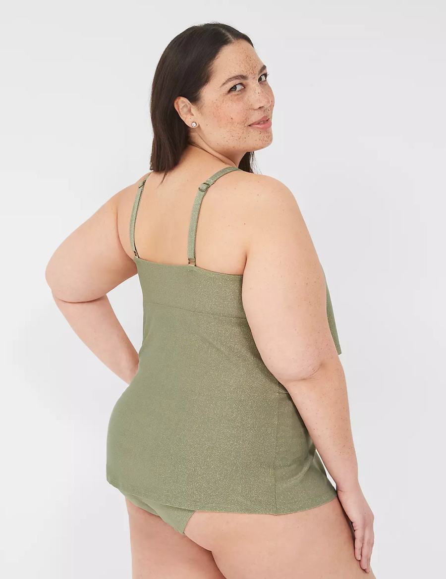 Women Lane Bryant Lurex No-Wire Three-Tier Tankini Bikini Top Green | BBF799QJ