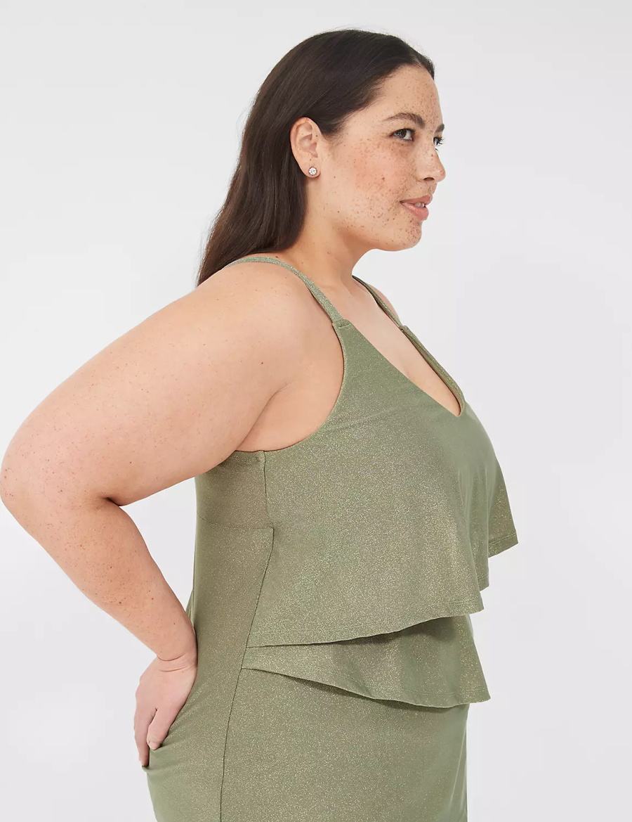Women Lane Bryant Lurex No-Wire Three-Tier Tankini Bikini Top Green | BBF799QJ