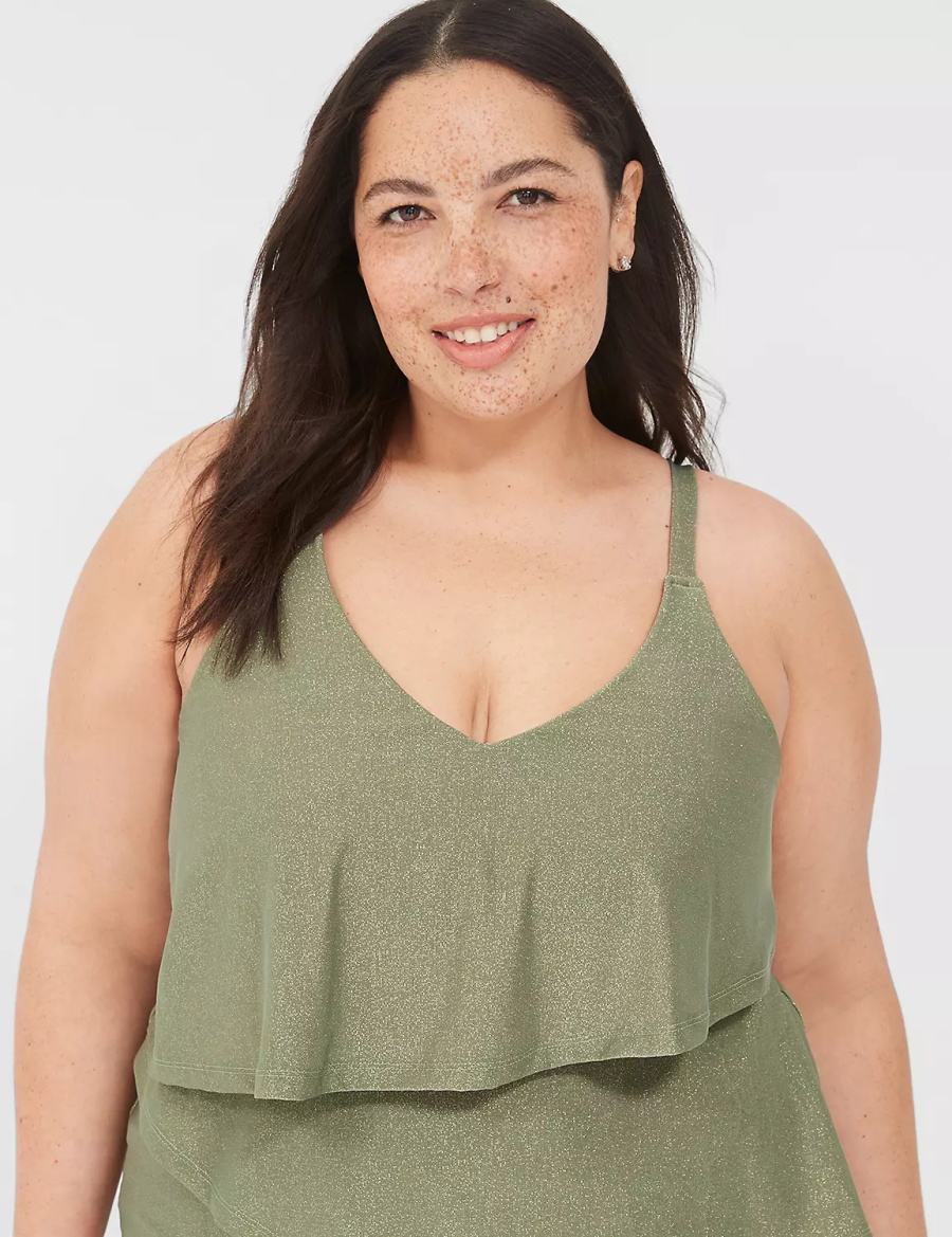 Women Lane Bryant Lurex No-Wire Three-Tier Tankini Bikini Top Green | BBF799QJ