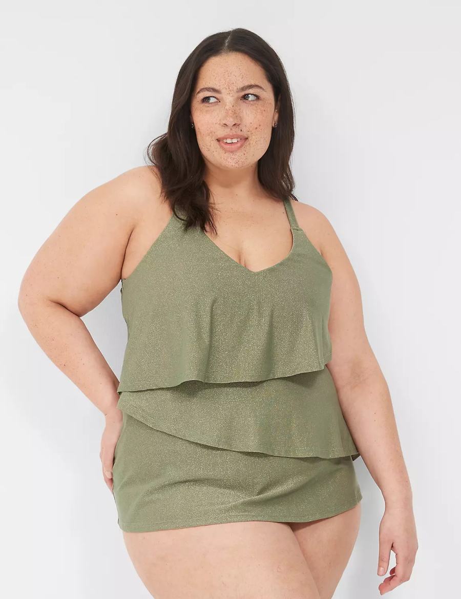 Women Lane Bryant Lurex No-Wire Three-Tier Tankini Bikini Top Green | BBF799QJ