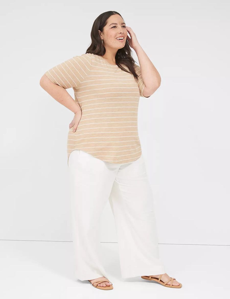 Women Lane Bryant Lurex Perfect Sleeve Crew-Neck Tee T Shirts Brown Stripes | PYC5159IE