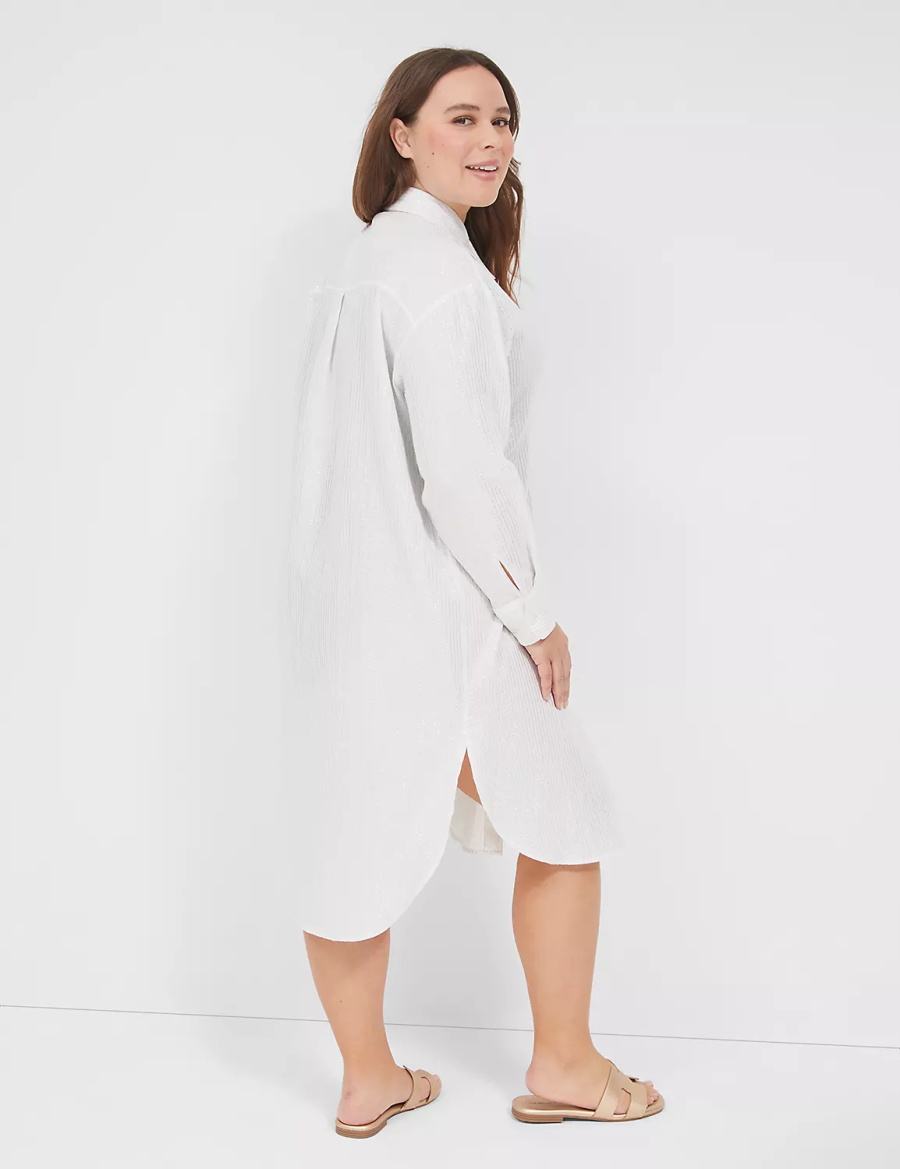 Women Lane Bryant Lurex Stripe Button-Front Cover-Up Shirts White | TGX9267RC