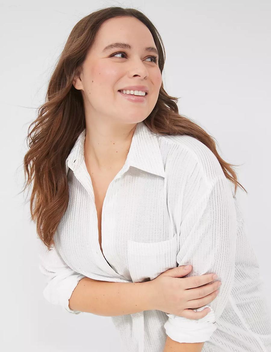 Women Lane Bryant Lurex Stripe Button-Front Cover-Up Shirts White | TGX9267RC