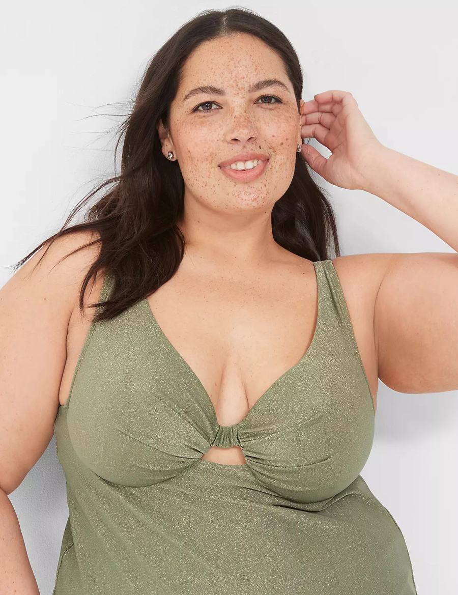 Women Lane Bryant Lurex Underwire Knot-Front Tankini Bikini Top Green | TDP6559CW
