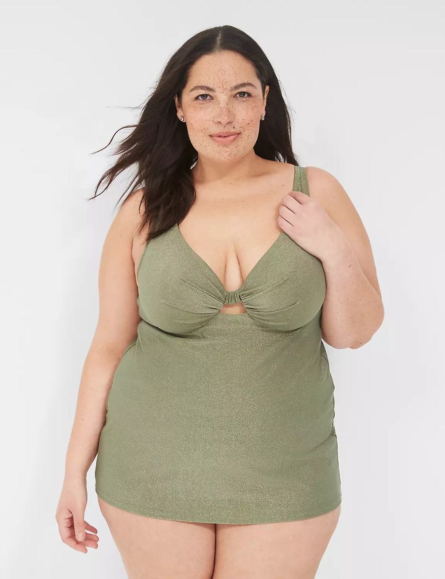 Women Lane Bryant Lurex Underwire Knot-Front Tankini Bikini Top Green | TDP6559CW