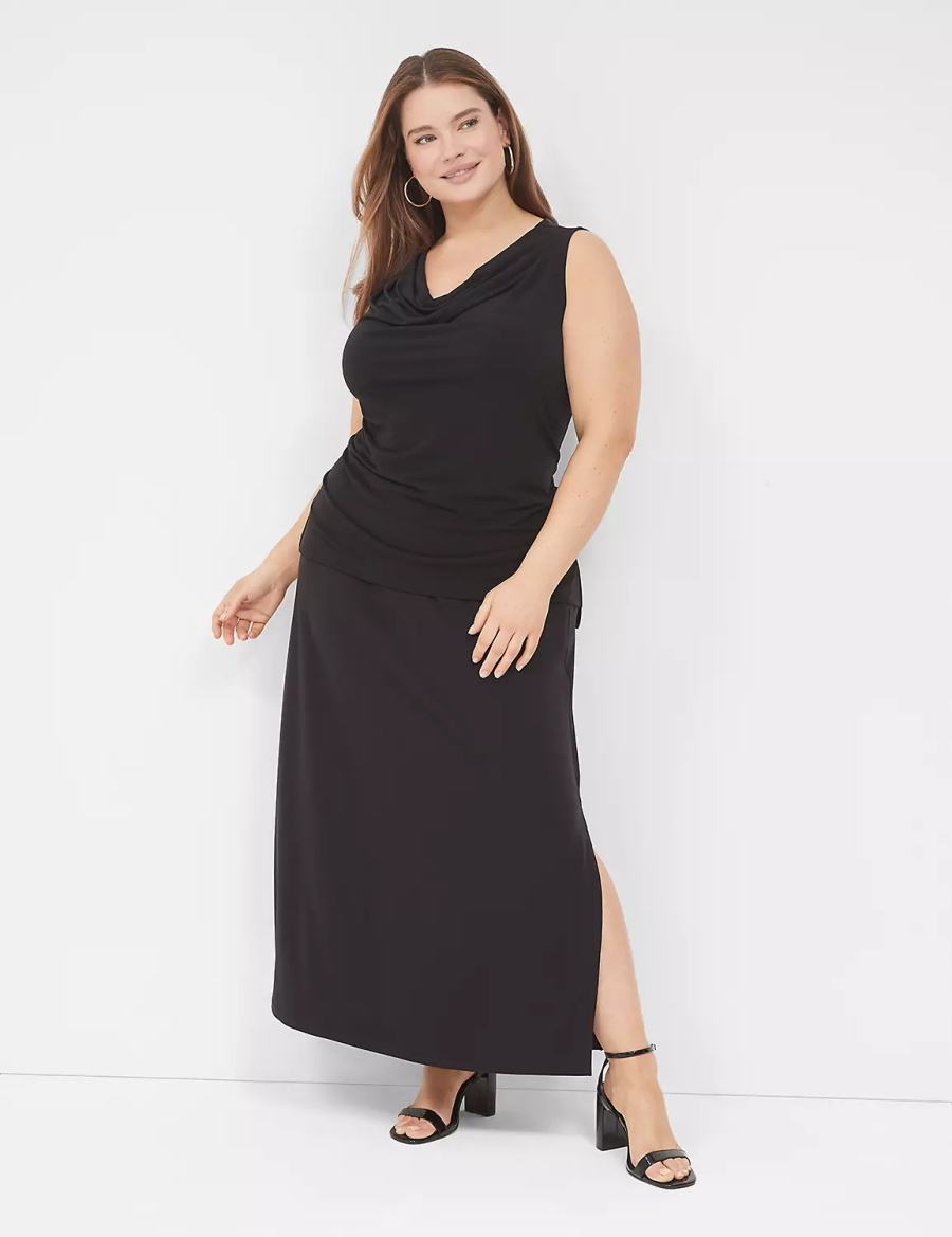 Women Lane Bryant Matte Jersey Side-Slit Maxi Skirts Black | YJP6768IH