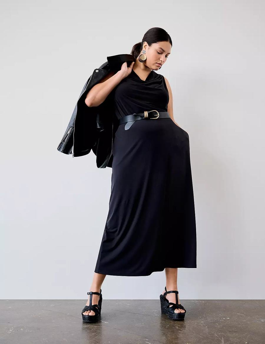 Women Lane Bryant Matte Jersey Side-Slit Maxi Skirts Black | YJP6768IH