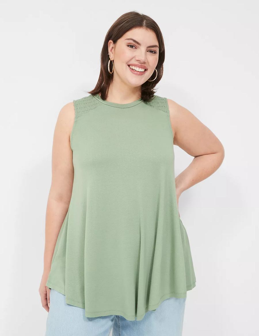 Women Lane Bryant Max Swing High-Neck Smocked-Shoulder Tunic T Shirts Light Green | OHQ9771YR
