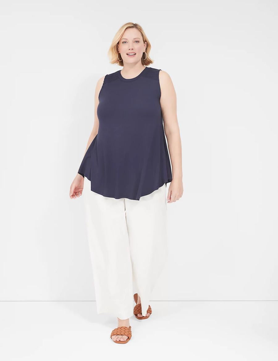Women Lane Bryant Max Swing High-Neck Smocked-Shoulder Tunic T Shirts Blue | OAX6138QG