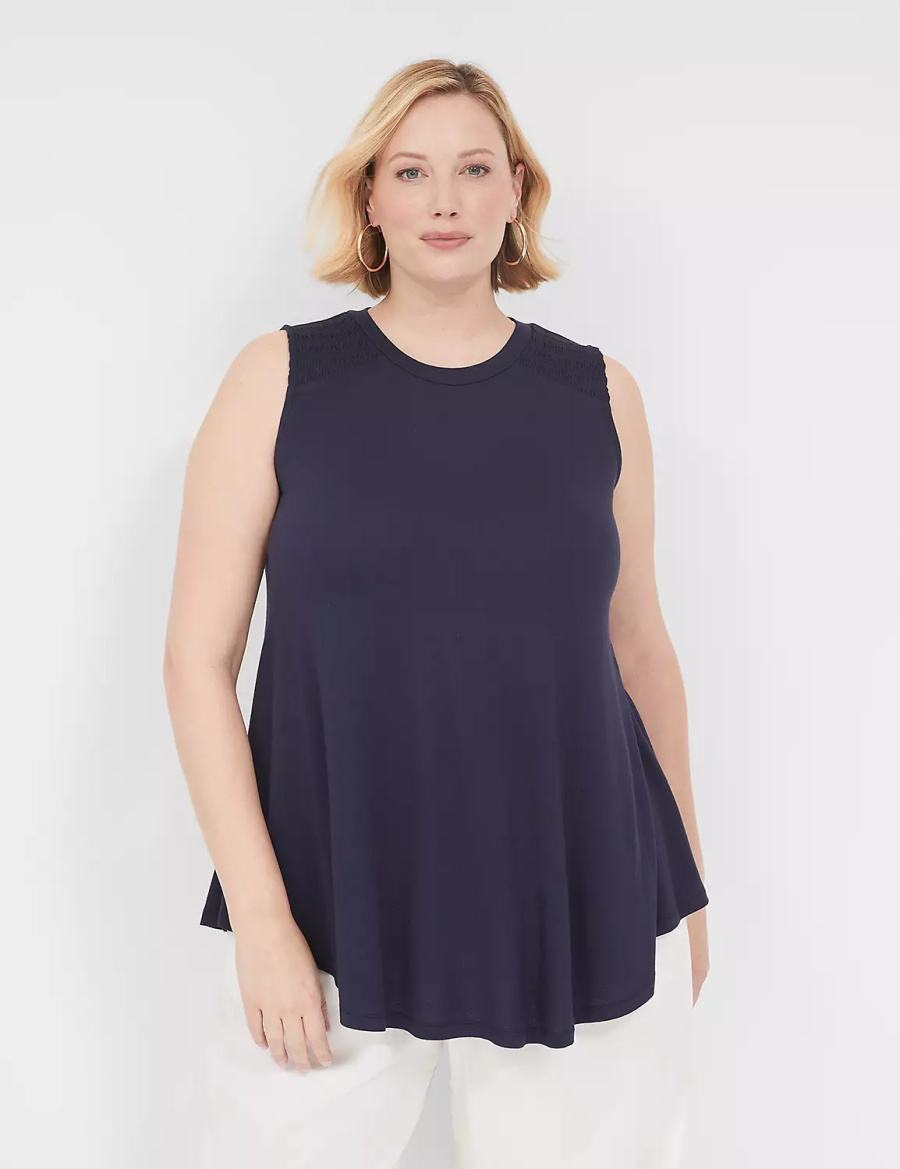 Women Lane Bryant Max Swing High-Neck Smocked-Shoulder Tunic T Shirts Blue | OAX6138QG
