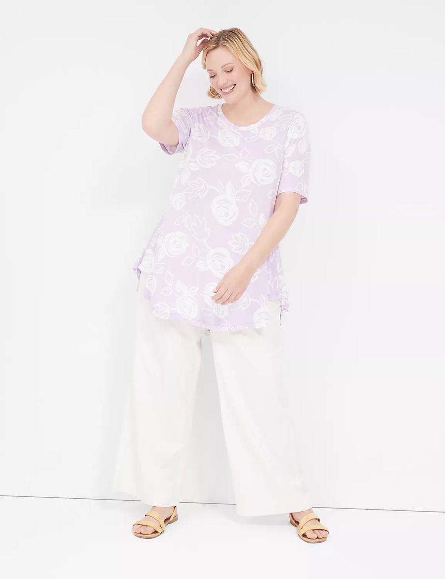 Women Lane Bryant Max Swing Perfect Sleeve Crew-Neck Tee T Shirts White Purple | BZV8913GJ