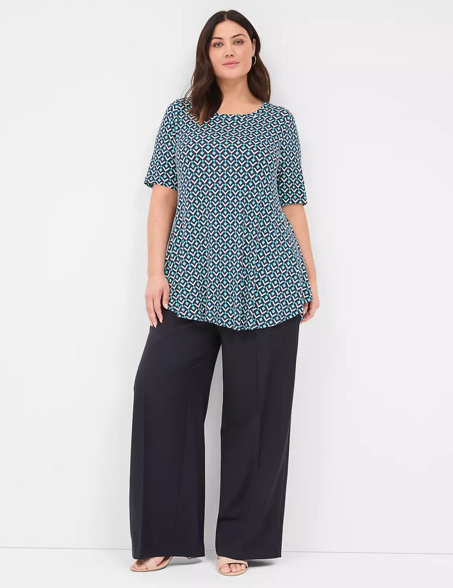 Women Lane Bryant Max Swing Perfect Sleeve Crew-Neck Tee T Shirts Turquoise Navy | PIH3885AT