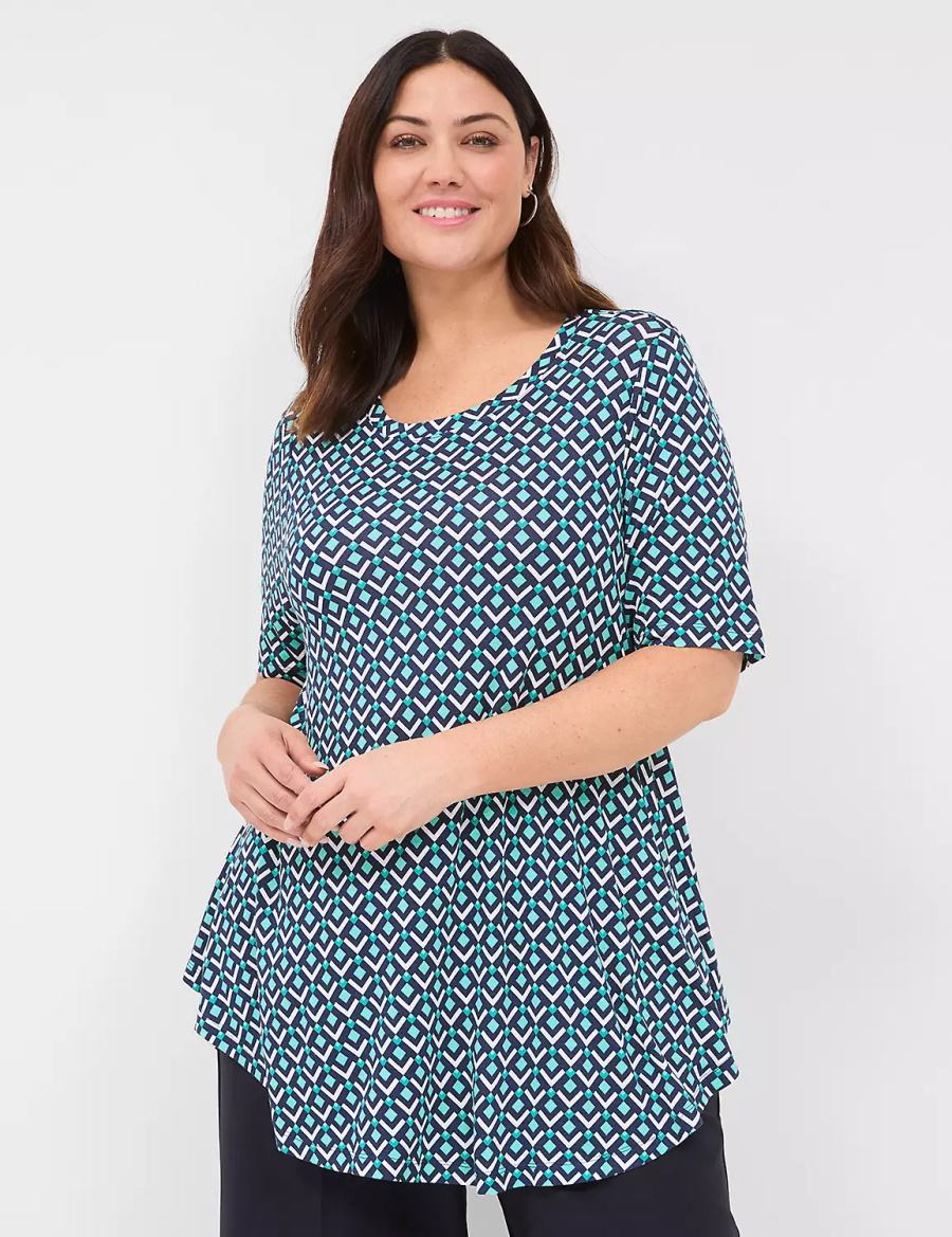 Women Lane Bryant Max Swing Perfect Sleeve Crew-Neck Tee T Shirts Turquoise Navy | PIH3885AT