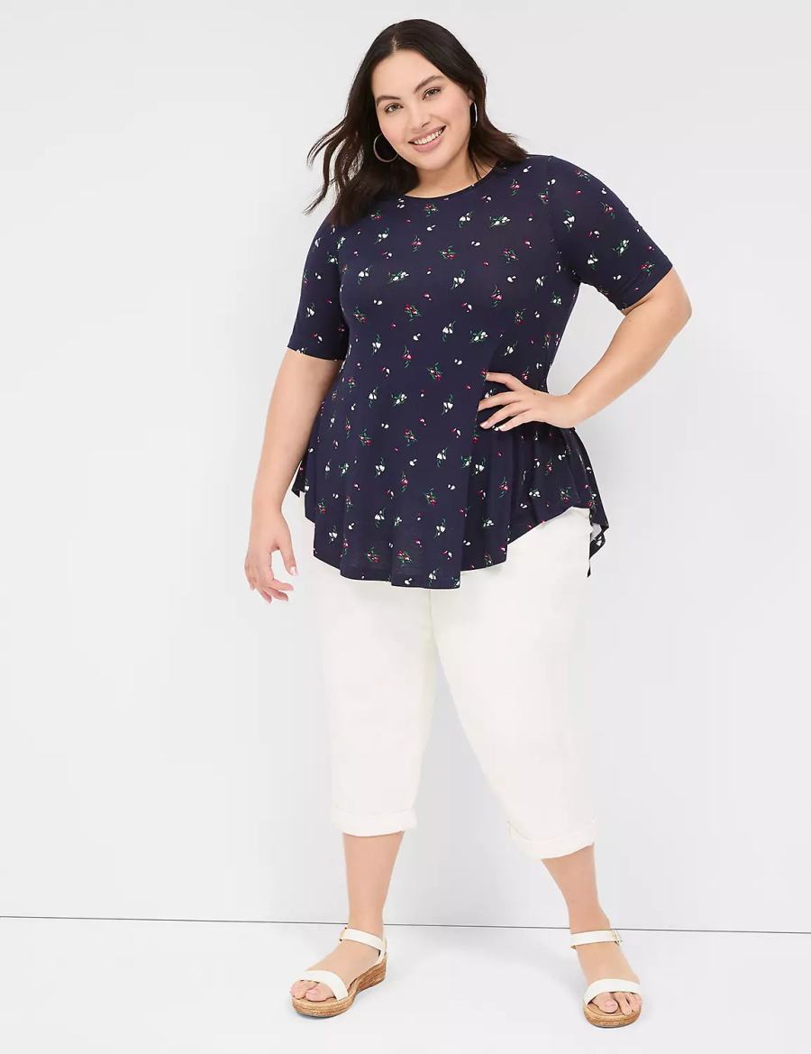 Women Lane Bryant Max Swing Perfect Sleeve Crew-Neck Tee T Shirts Navy Multicolor | TBH1475MF