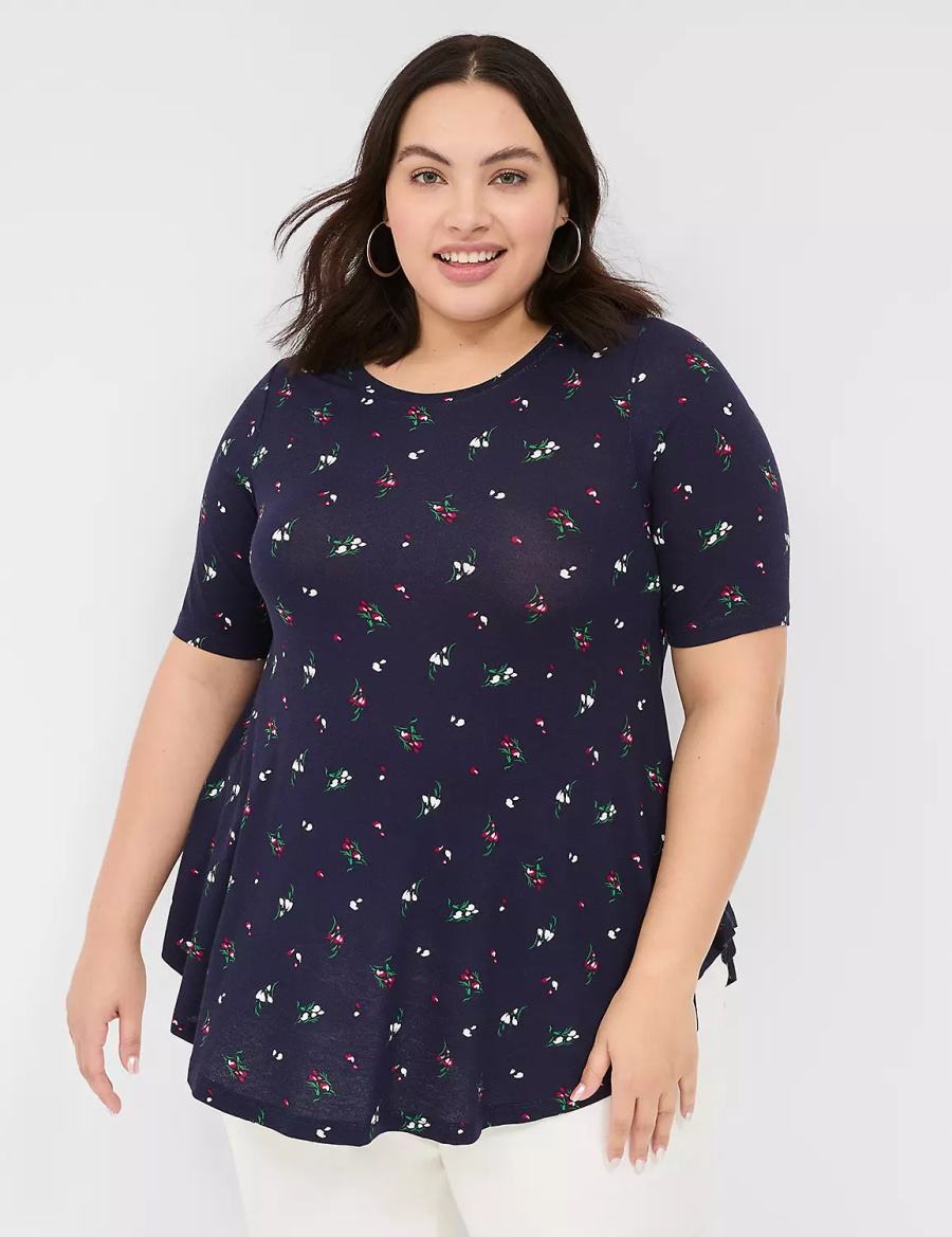 Women Lane Bryant Max Swing Perfect Sleeve Crew-Neck Tee T Shirts Navy Multicolor | TBH1475MF