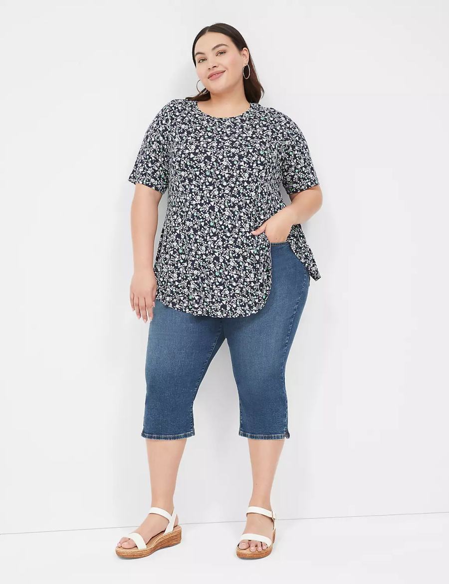 Women Lane Bryant Max Swing Perfect Sleeve Crew-Neck Tee T Shirts Navy Green | NBO995CS