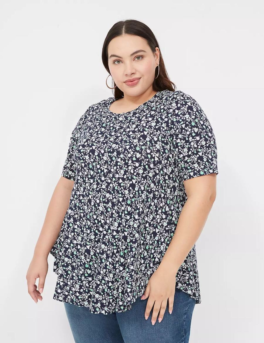 Women Lane Bryant Max Swing Perfect Sleeve Crew-Neck Tee T Shirts Navy Green | NBO995CS