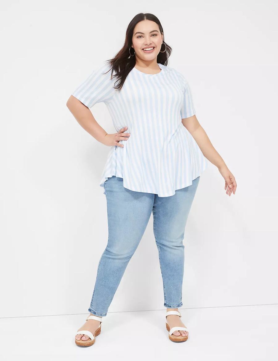 Women Lane Bryant Max Swing Perfect Sleeve Crew-Neck Tee T Shirts Light Blue Stripes | VSY2770OR
