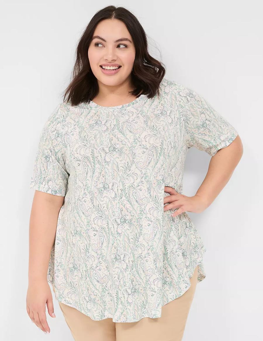Women Lane Bryant Max Swing Perfect Sleeve Crew-Neck Tee T Shirts Cream Green | BPA499AL