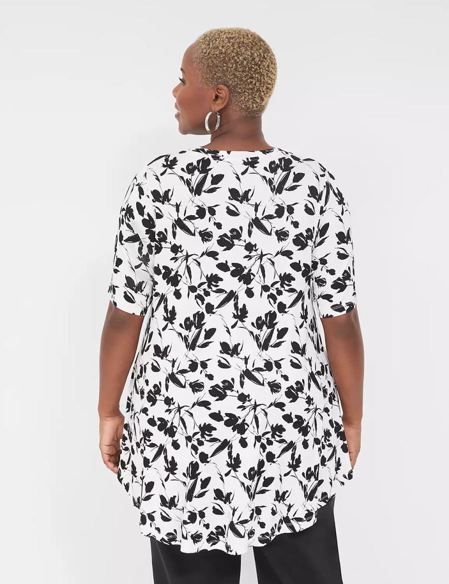 Women Lane Bryant Max Swing Perfect Sleeve Crew-Neck Tee T Shirts Black White | DWE5940NK