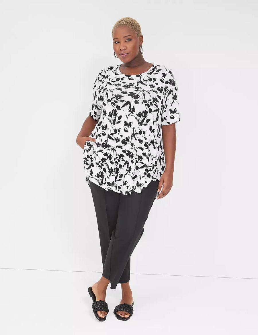 Women Lane Bryant Max Swing Perfect Sleeve Crew-Neck Tee T Shirts Black White | DWE5940NK
