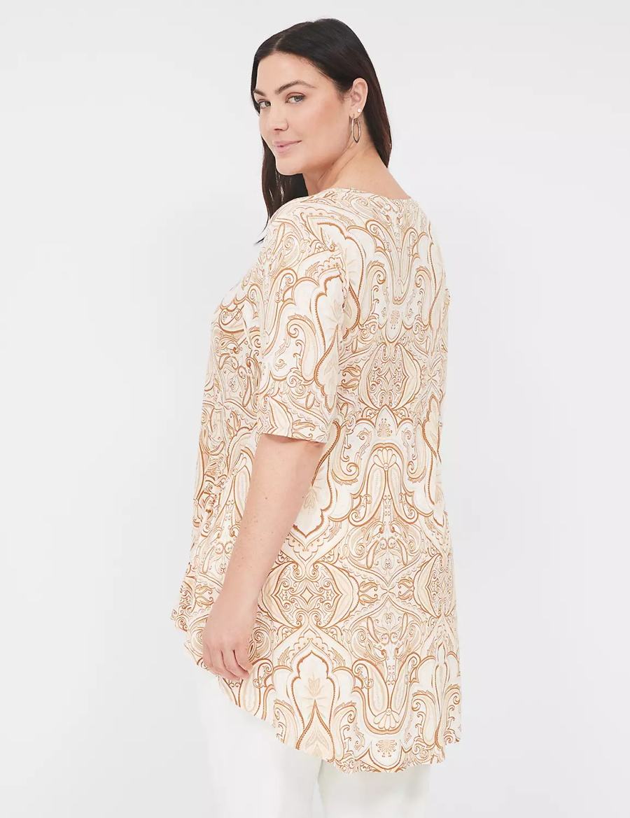 Women Lane Bryant Max Swing Perfect Sleeve Crew-Neck Tee T Shirts Beige White | ROA6577QC