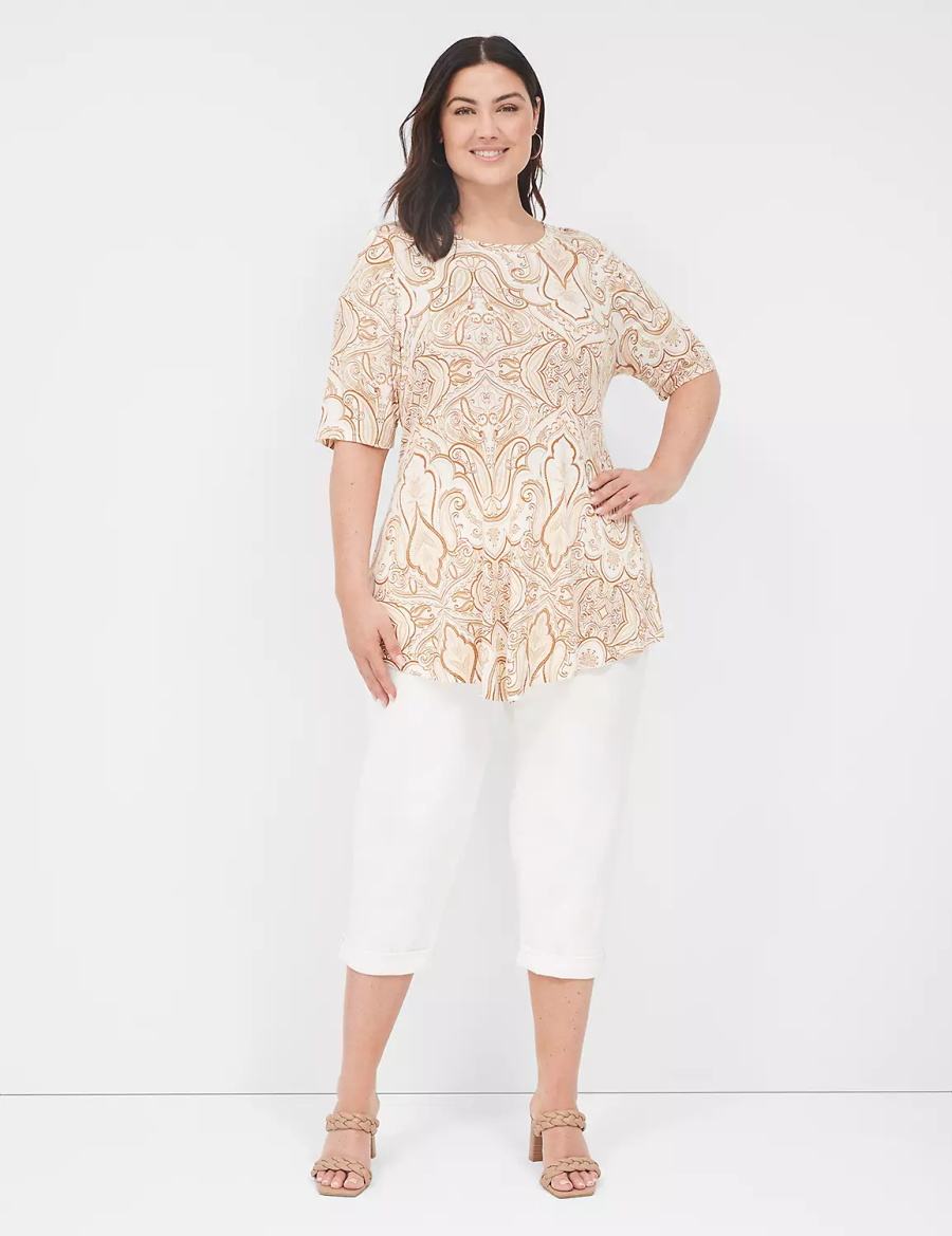 Women Lane Bryant Max Swing Perfect Sleeve Crew-Neck Tee T Shirts Beige White | ROA6577QC