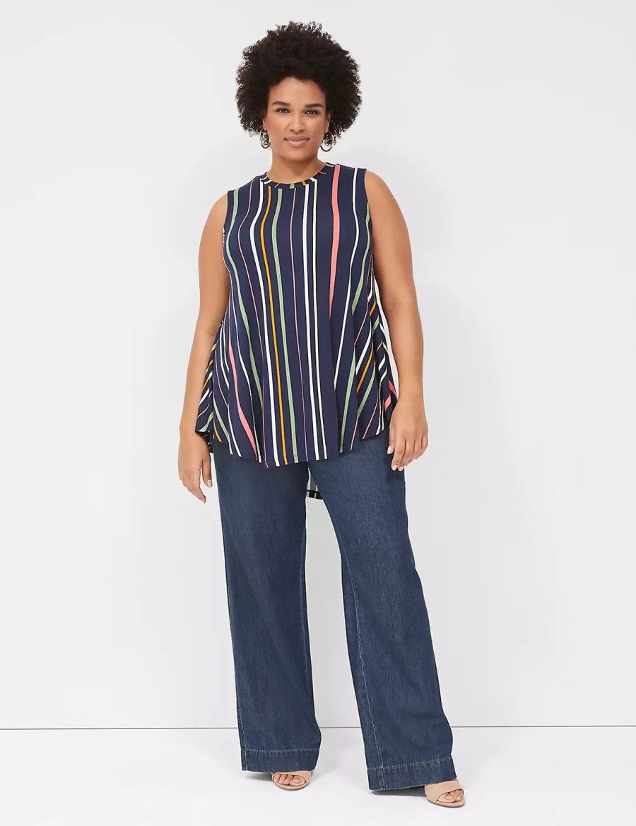 Women Lane Bryant Max Swing Sleeveless High-Neck Tunic T Shirts Navy Stripes | YTI9376FJ