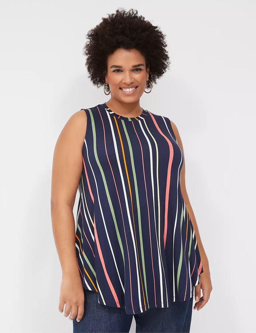 Women Lane Bryant Max Swing Sleeveless High-Neck Tunic T Shirts Navy Stripes | YTI9376FJ