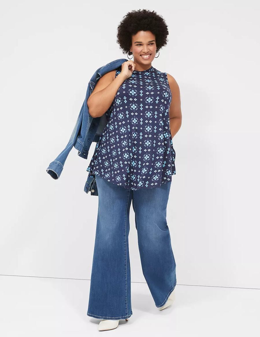 Women Lane Bryant Max Swing Sleeveless High-Neck Tunic T Shirts Dark Blue | OHI4082MP