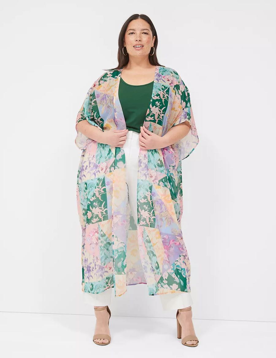 Women Lane Bryant Maxi Open-Front Overpiece Robe Green Multicolor | LMC4815YE