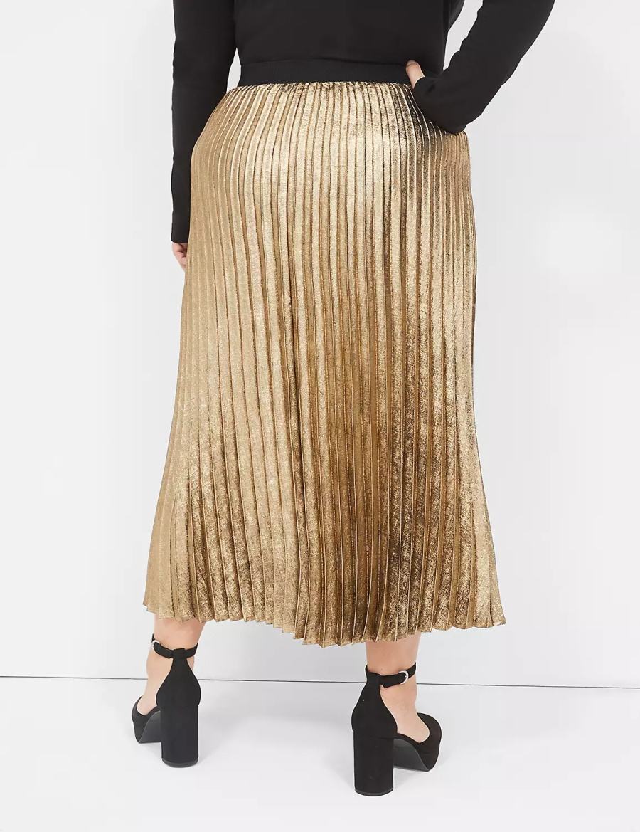 Women Lane Bryant Metallic Pleated Midi Skirts Gold | AMU722FL