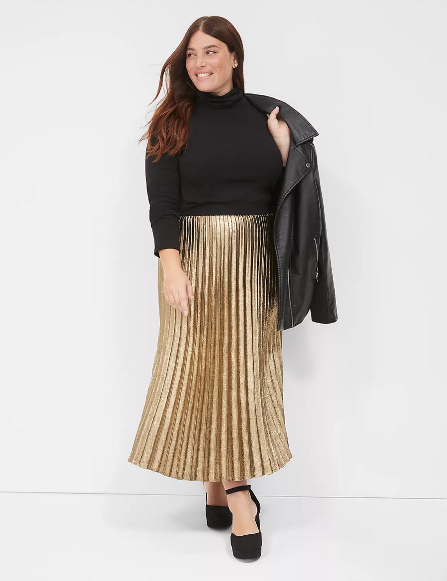 Women Lane Bryant Metallic Pleated Midi Skirts Gold | AMU722FL