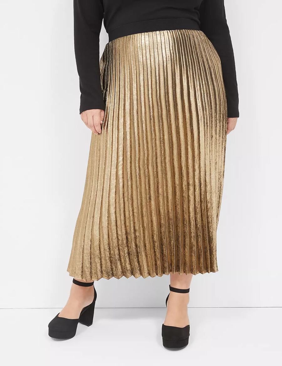 Women Lane Bryant Metallic Pleated Midi Skirts Gold | AMU722FL